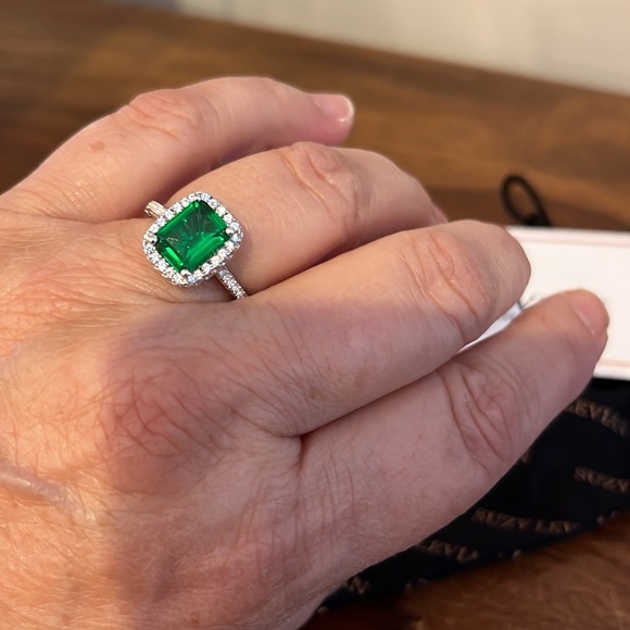 Suzy Levian Ring, Sterling Silver Emerald Cut CZ Halo Ring. - Picture 2 of 4